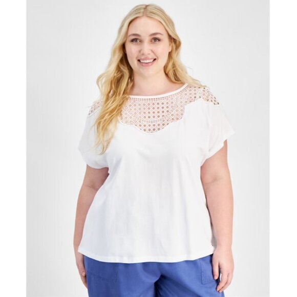 Tommy Hilfiger Women's Eyelet Lace-Bib Extended-Sleeve Top White Size 2X NWT - Picture 1 of 5